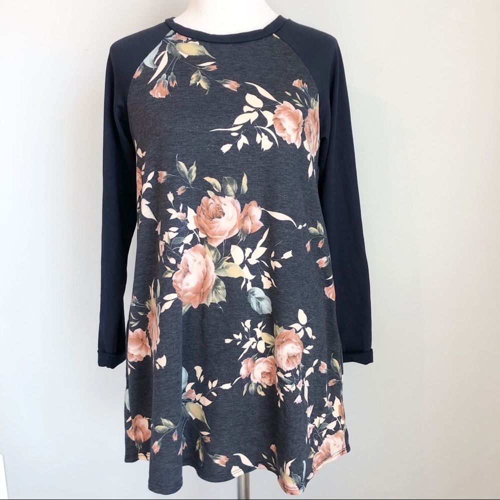 Ella Mara Navy Blue Floral Raglan Sleeve Tunic Dress, size Small